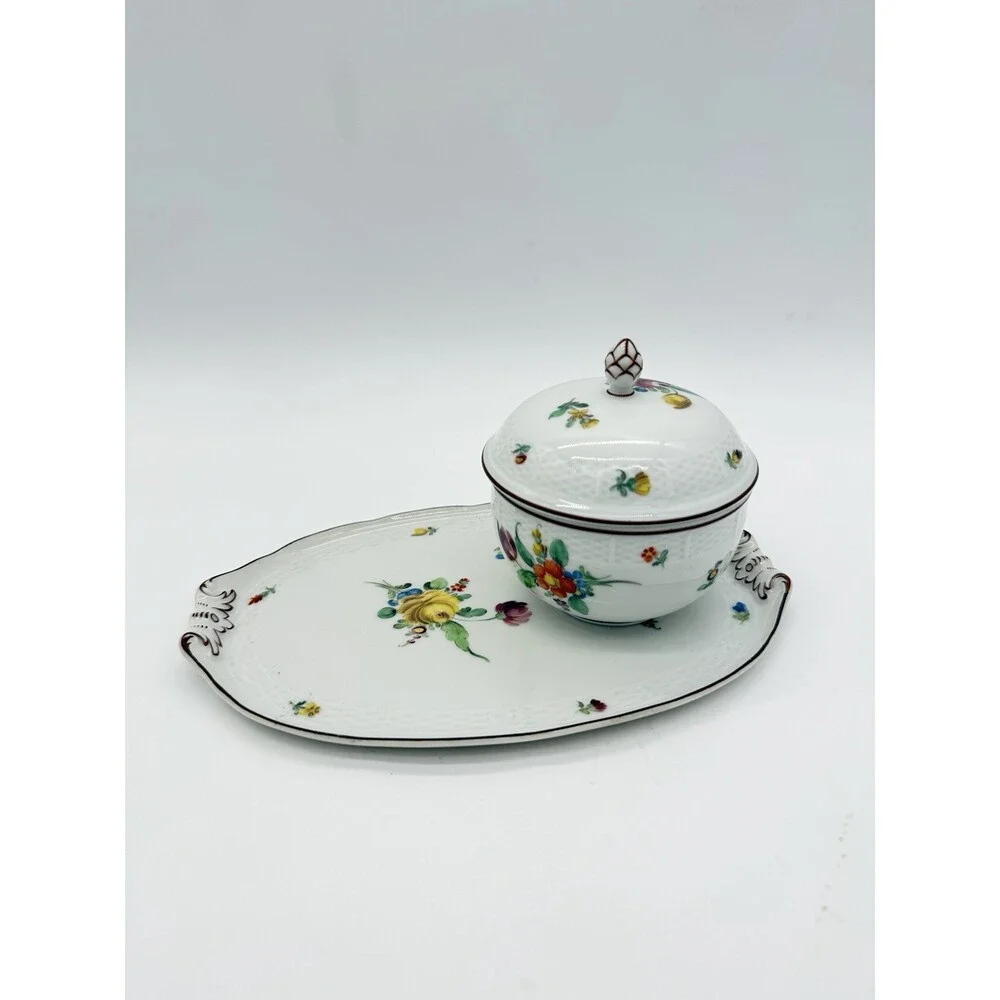 Antique Nymphenburg Porcelain Floral Sugar Bowl & Tray Basket Weave Set 2 PCs